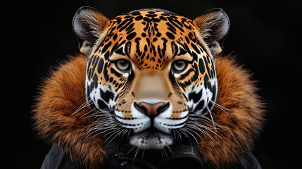 Fototapeta premium A close-up of a tiger's face, featuring fur on its head against a black backdrop