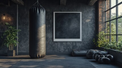 Industrial gym interior with punching bag, plants, and poster.