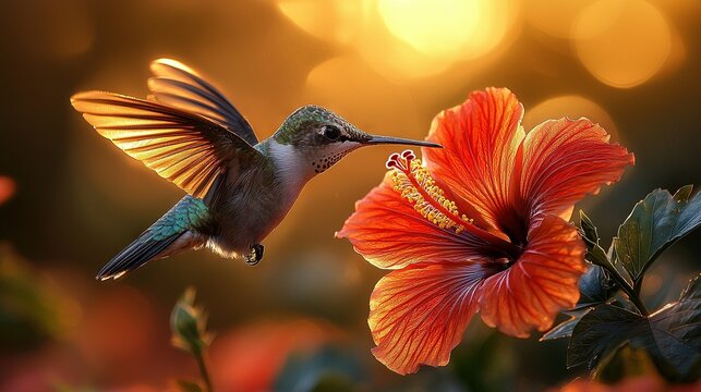   A hummingbird feeds on a flower against a blurry background of bokeh lights