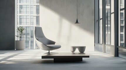 Modern minimalist lounge with understated furnishings. Featuring an airy, open design