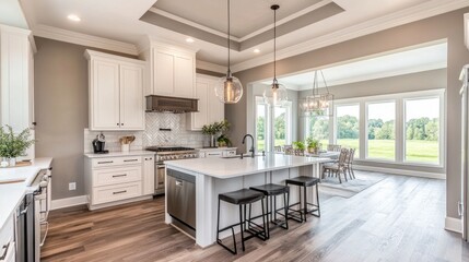 Modern Elegant Kitchen with Island, Bright Windows, and Open Space Overlooking Natural Landscape in Contemporary Home Design