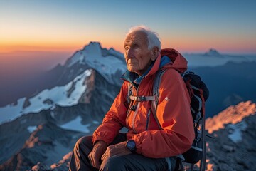 Elderly Hiker Reflects on Sunset Mountaintop Experience of Nostalgia and Wisdom