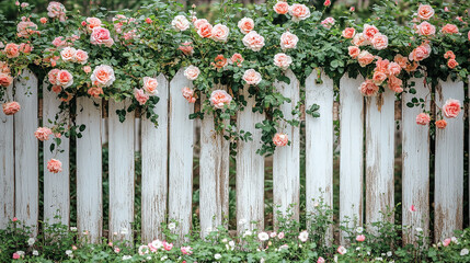 Lush pink roses spill over an aged wooden fence, complemented by greenery. This serene garden setting captures the beauty of nature in full bloom during late spring. Generative AI