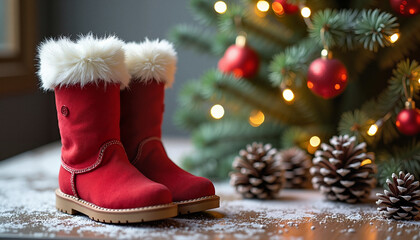 Festive red winter boots with fur trim beside a decorated Christmas tree and pinecones on a snowy table