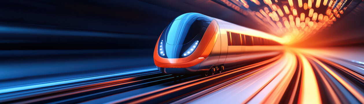 close up of abstract hyperloop train speeding through futuristic tunnel, showcasing vibrant colors and dynamic motion