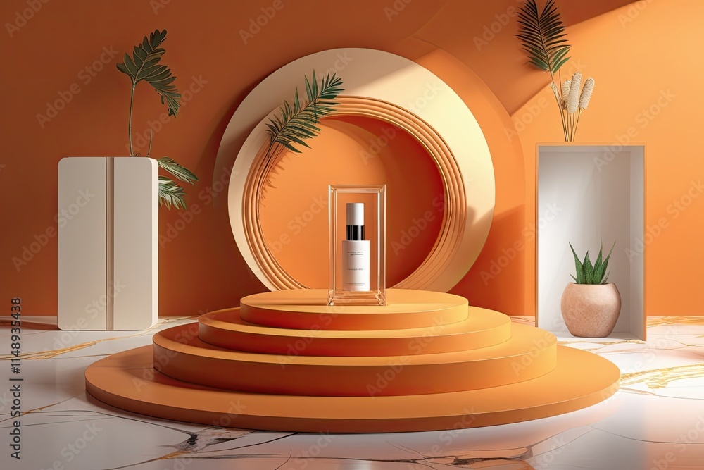 Poster orange abstract background for product showcase on 3d spiral display platform with minimalist design