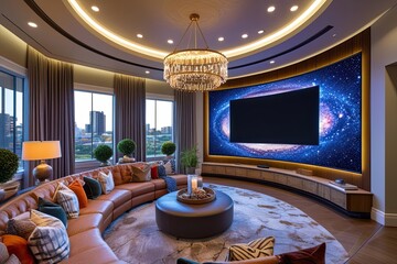 Stylish Family Living Area Featuring Large Curved Screen and Elegant Decor