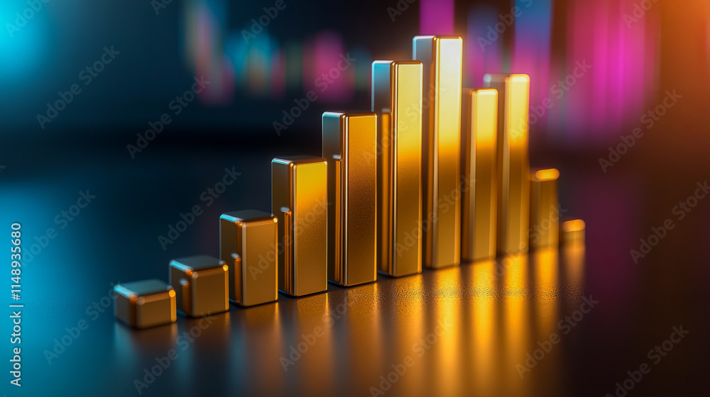 Poster golden bar graph on reflective surface with colorful background