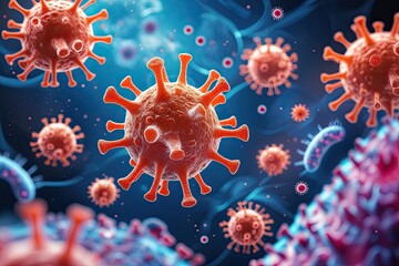 Fototapeta premium Artistic Illustration of Enlarged Virus Shapes and Microbes on a Vivid Background