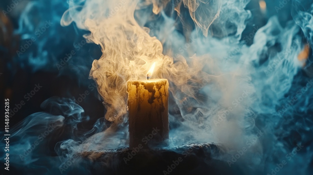 Poster melodramatic candle surrounded by enveloping smoke creating a mystical and atmospheric ambiance for 