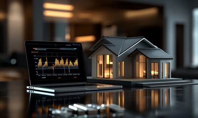 A laptop displaying financial data next to a model house, symbolizing real estate investment.