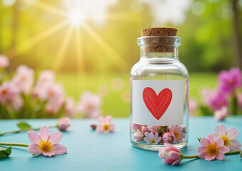 Charming glass bottle with a red heart drawing filled with flowers on a table surrounded by blooming petals in a sunny garden