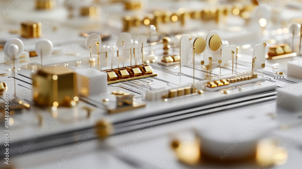 Poster abstract close-up of gold and white circuit board with geometric patterns