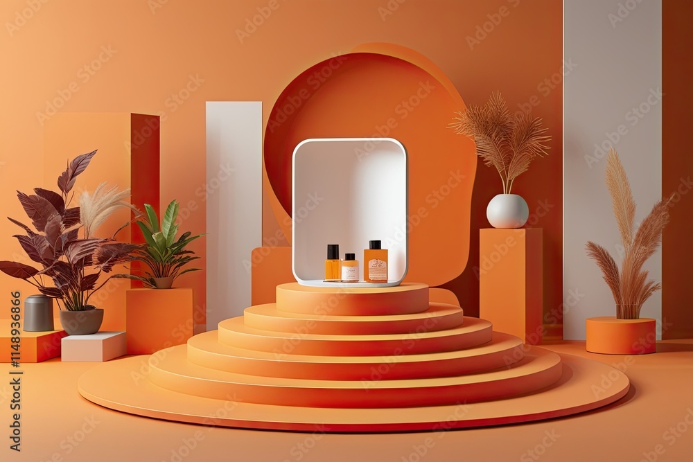 Aufkleber orange abstract product display stage on 3d spiral platform with minimalist showcase and clearance b