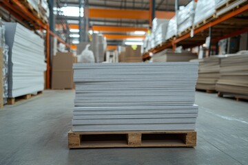 Packaged gypsum board ready for construction Plasterboard pallet in building store Drywall supply warehouse