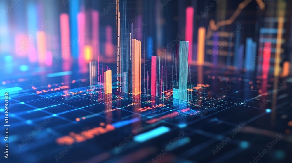 Poster vibrant and abstract data visualization with colorful bars and dynamic graphs representing financial