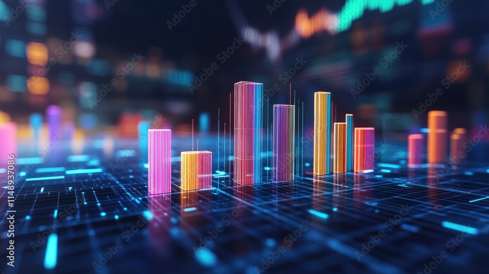 Poster futuristic data visualization with colorful graphs and digital elements representing financial trend