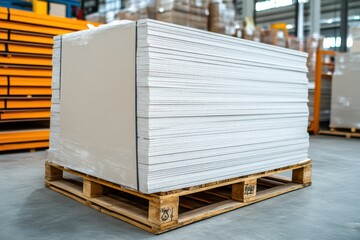 Packaged gypsum boards ready for construction Pallet of drywall in store Building materials in warehouse