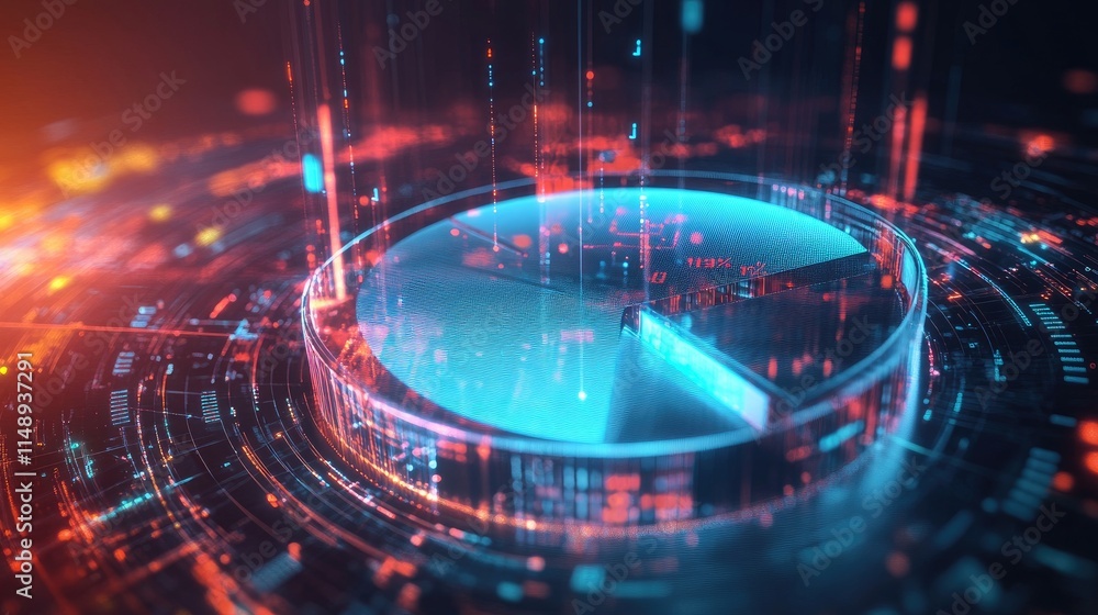Poster futuristic data visualization concept with pie chart and digital elements representing information a