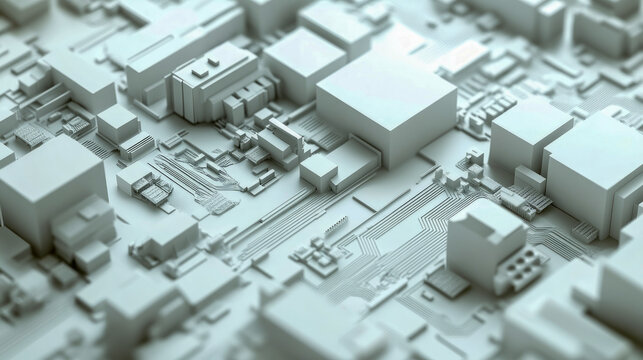 Abstract 3d cityscape with geometric blocks and circuit patterns