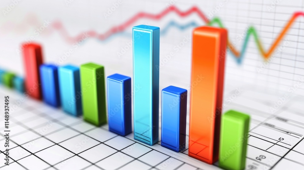 Poster colorful graphical representation of data with vertical bars in different heights against a grid bac