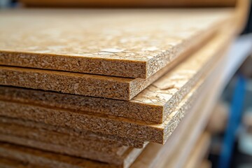 Particle board for home furniture construction Stacked material in the workshop Light backdrop