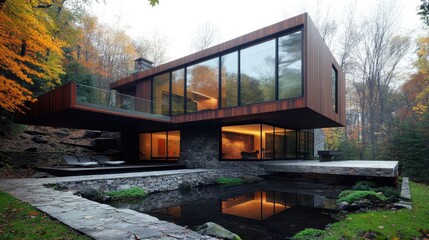 Fototapeta premium Modern Architectural Design of a Sleek House Surrounded by Autumn Foliage and Reflecting Pool in a Tranquil Natural Setting