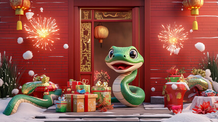 Fototapeta premium Festive cartoon snake celebrating chinese new year with fireworks and gifts