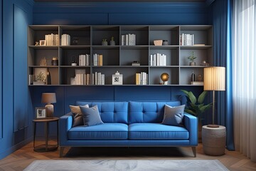 Stylish 3D Visualization of Modern Blue Sofa and Bookshelf for Cozy Interior Design