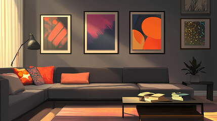 Modern grey living room with brown corner sofa and gallery of trendy posters, grey, interior design, posters. Threnody. Illustration