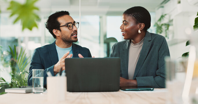 Office, partnership and team advice for laptop, proposal and research notes with document for report. Man, woman and feedback for business, collaboration and meeting for training or b2b project - Powered by Adobe