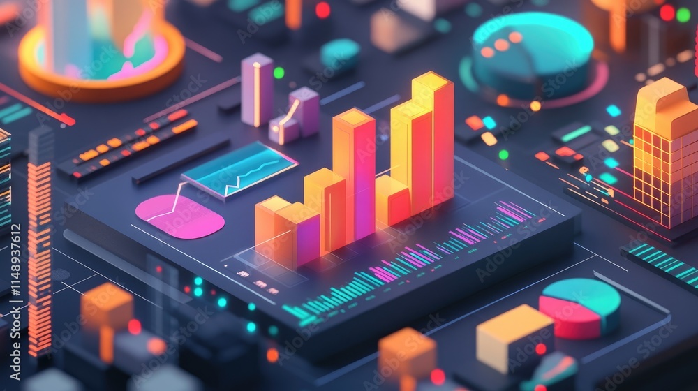 Poster vibrant abstract data visualization with colorful 3d bar graphs and dynamic charts on a dark backgro