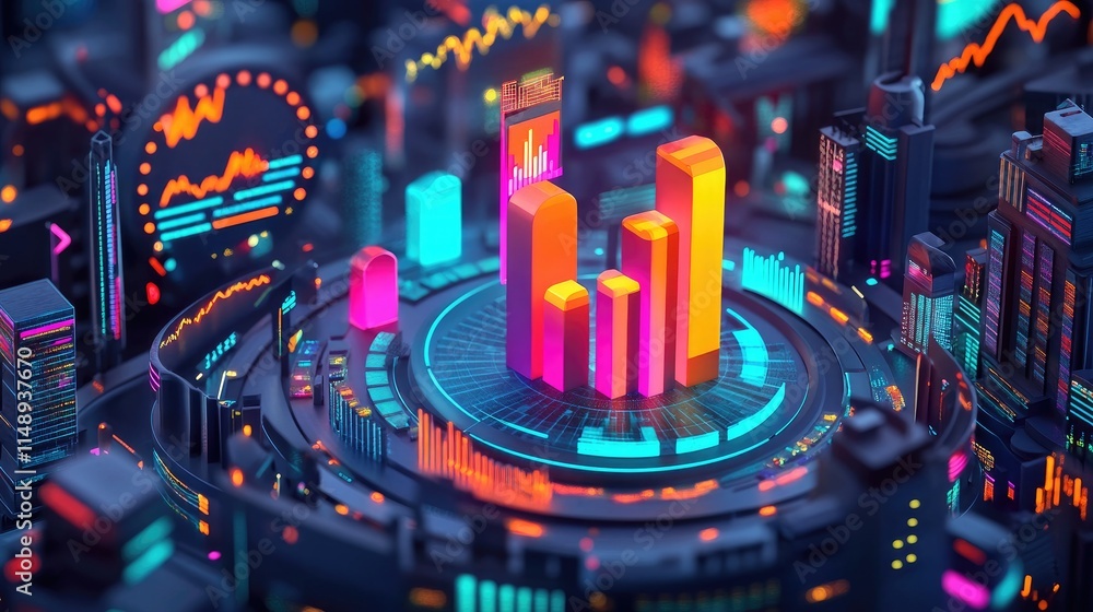 Poster futuristic data visualization with vibrant bar graphs and neon cityscape, showcasing advanced analyt