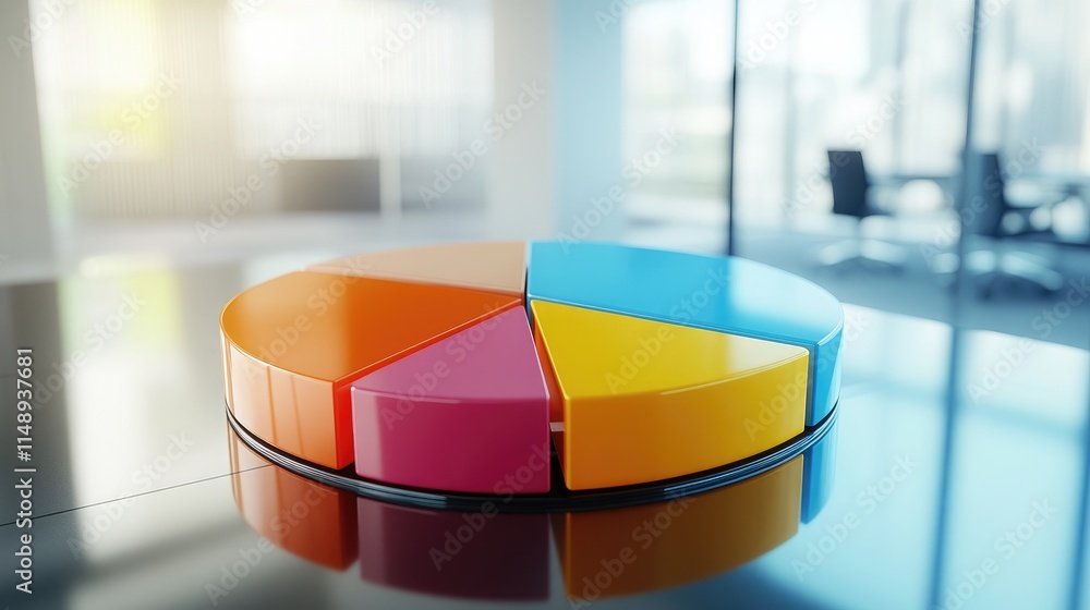 Poster colorful 3d pie chart on desk in modern office with bright windows and abstract background for busin