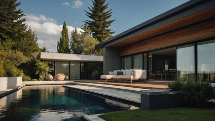 Fototapeta premium Modern home with a swimming pool, patio furniture, and landscaping. The house features large windows and a wooden overhang. The pool is rectangular and dark blue.