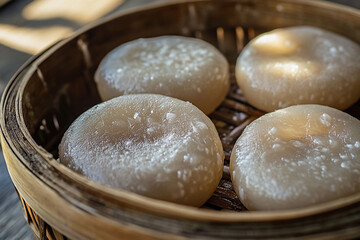 Fototapeta premium A close-up of freshly steamed mochi in a bamboo basket, soft texture highlighted, surrounded by natural light and shadows, rustic and lifelike