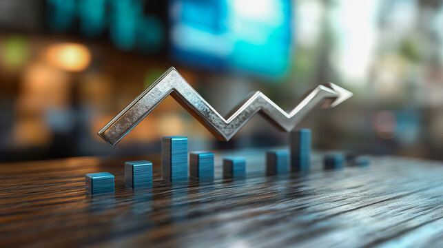 Metallic zigzag arrow and bar graph symbolizing business growth and financial success