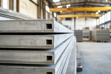 Piled precast concrete slabs in a construction factory