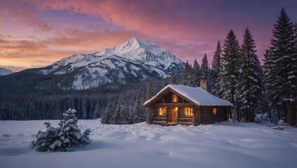 Fototapeta premium Cozy Winter Cabin in Snowy Mountains