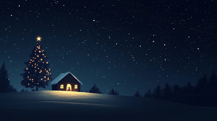 Fototapeta premium A nativity scene under a starlit sky with a glowing Christmas tree nearby, Christmas tree, vector style