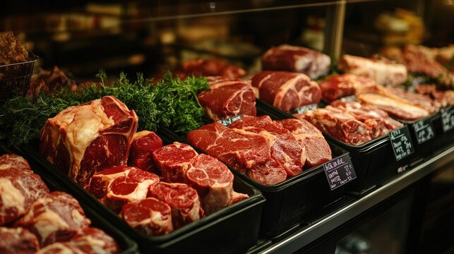 Fresh Cuts of Meat Displayed in Butcher Shop Showcase with Assorted Cuts, Green Garnishes, and Labels for Quality Shopping Experience