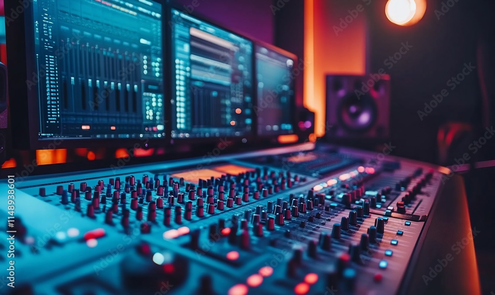 Poster a modern audio mixing console with vibrant lighting and multiple screens.