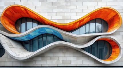 Modern building facade with colorful stone tiles. Curved design features orange, blue patterns. Windows framed by curves. Architectural design. Contemporary architecture. Colorful details. City