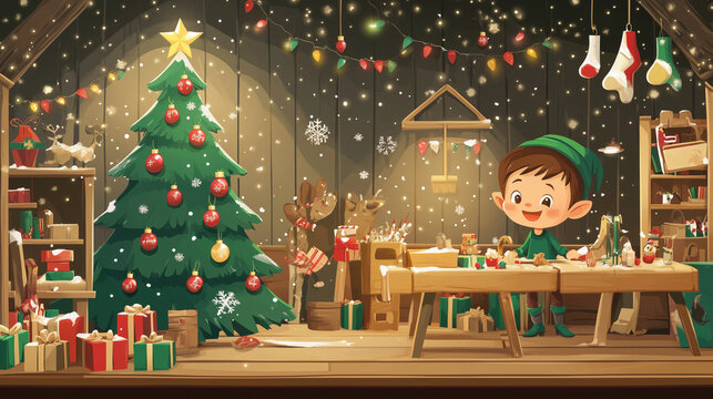 An elf workshop with toys being made and a sparkling Christmas tree in the background, Christmas tree, vector style