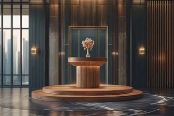 Elegant Wooden Podium 3D Background for High-End Product Showcase on Modern Dark Stage