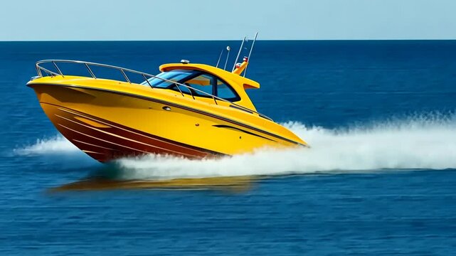 Bright yellow speedboat creates waves while cruising across the blue ocean under sunny skies