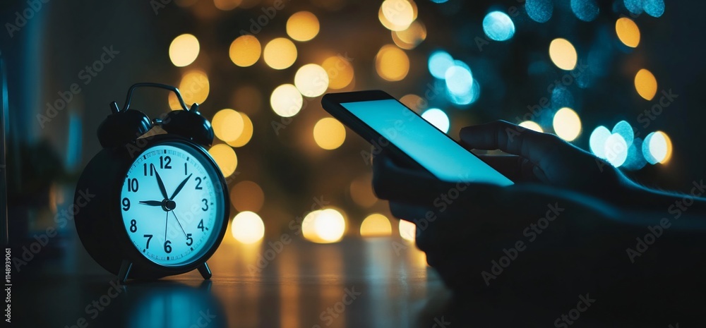 Poster a person using a smartphone beside a clock with blurred festive lights in the background.