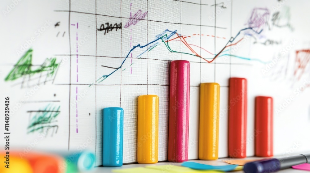 Poster colorful bar graph on a grid background with statistically illustrated data trends and creative mark