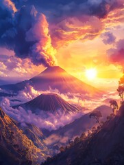 Volcanic Sunrise: A majestic volcano erupts against a breathtaking sunrise, painting the sky with vibrant hues of orange, pink, and purple. The scene captures the raw power of nature.