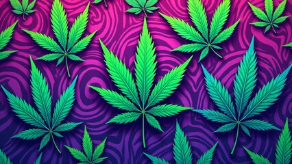 Psychedelic marijuana pattern with vibrant neon swirls and detailed glowing leaves. Electric pink, blue, and green tones evoke energy and visual dynamism